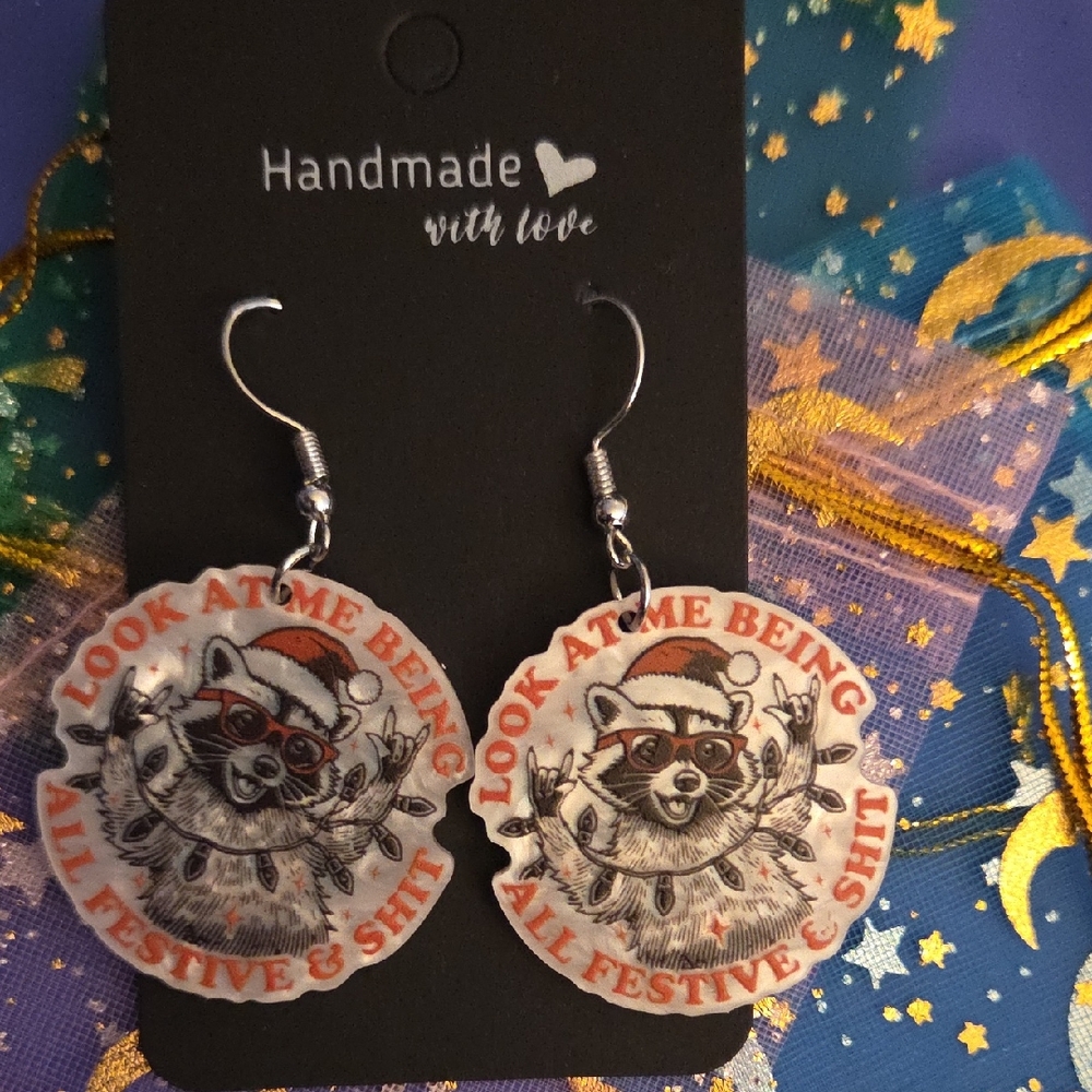 **New** Festive Raccoon Earrings - Red and Black